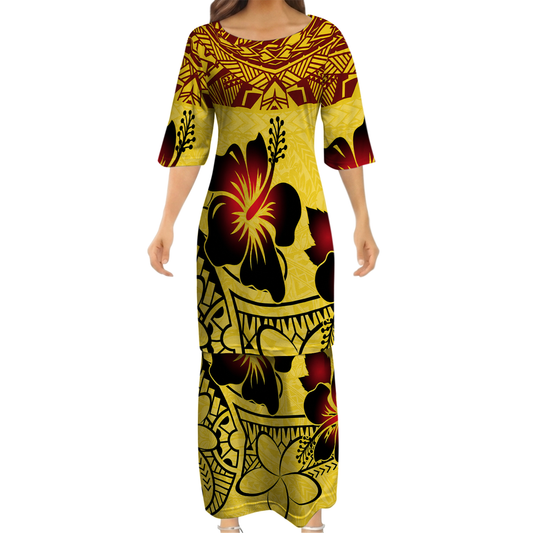 Polynesian Tribal Hibiscus Flowers Yellow Matching Outfit For Couple Island Puletasi Dress And Hawaiian Shirt For Her Him