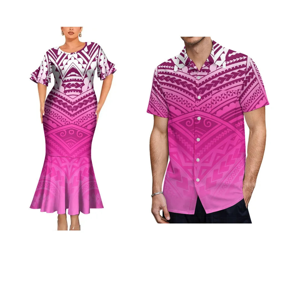 Polynesian Traditional Printed Fishtail Dress And Hawaiian Shirt Matching Outfit For Couple Set