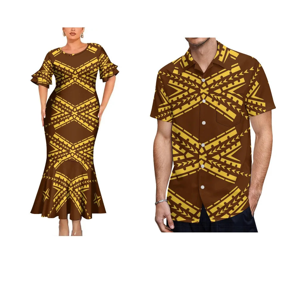 Polynesian Traditional Printed Geometric Vintage Fishtail Dress And Hawaiian Shirt Matching Outfit For Couple Set