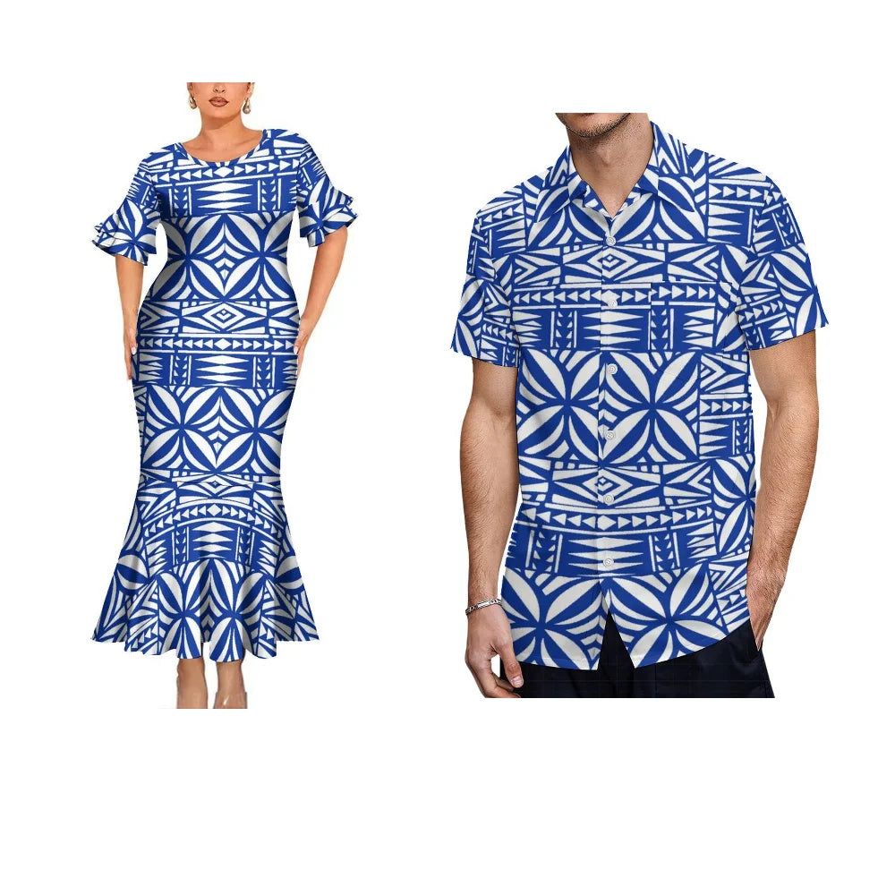 Polynesian Traditional Printed Geometric Blue Fishtail Dress And Hawaiian Shirt Matching Outfit For Couple Set