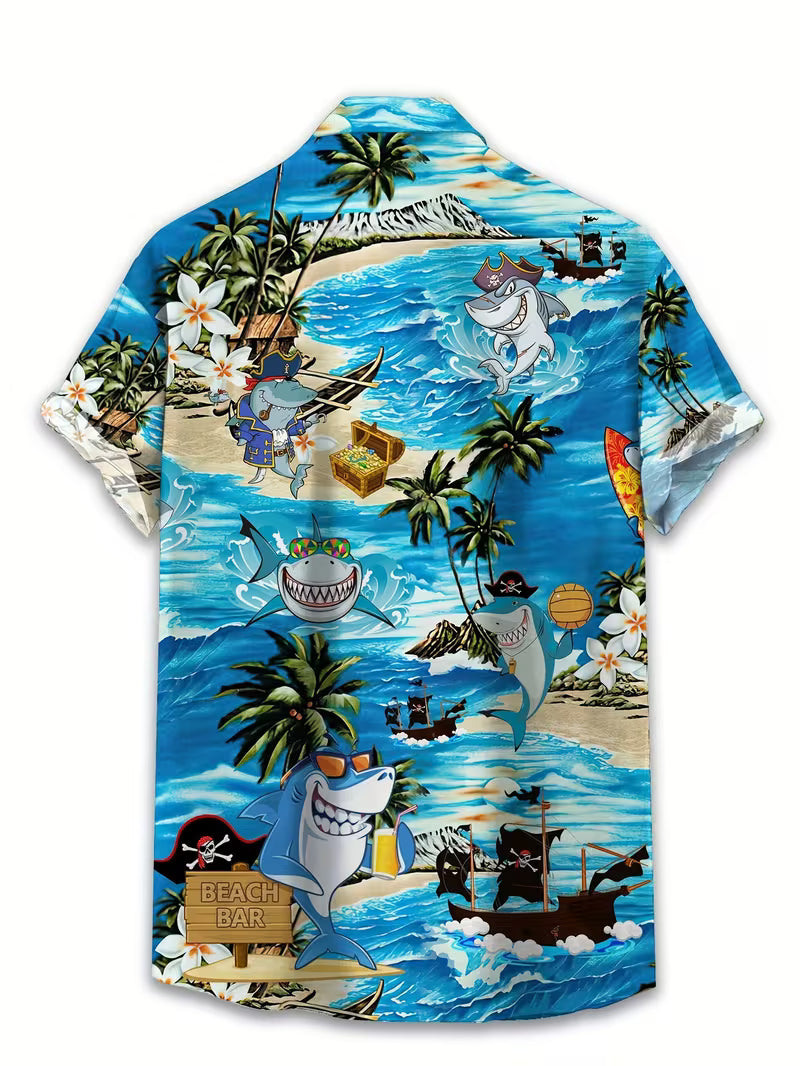 Shark Flowers Tropical Pattern Print Men's Hawaiian Shirt Tropical Beach Short Sleeve Button Printed Shirt For Him