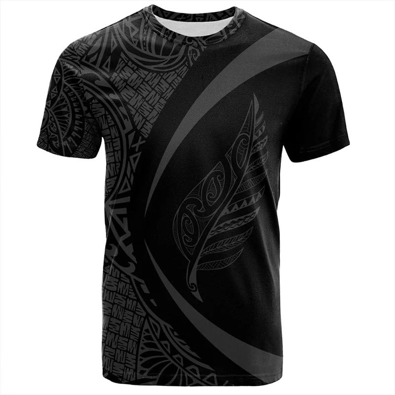 New Zealand Shirt Unisex Polynesian Silver Fern Leaf Shirt Black Curve Style Round Neck Short Sleeves Tops