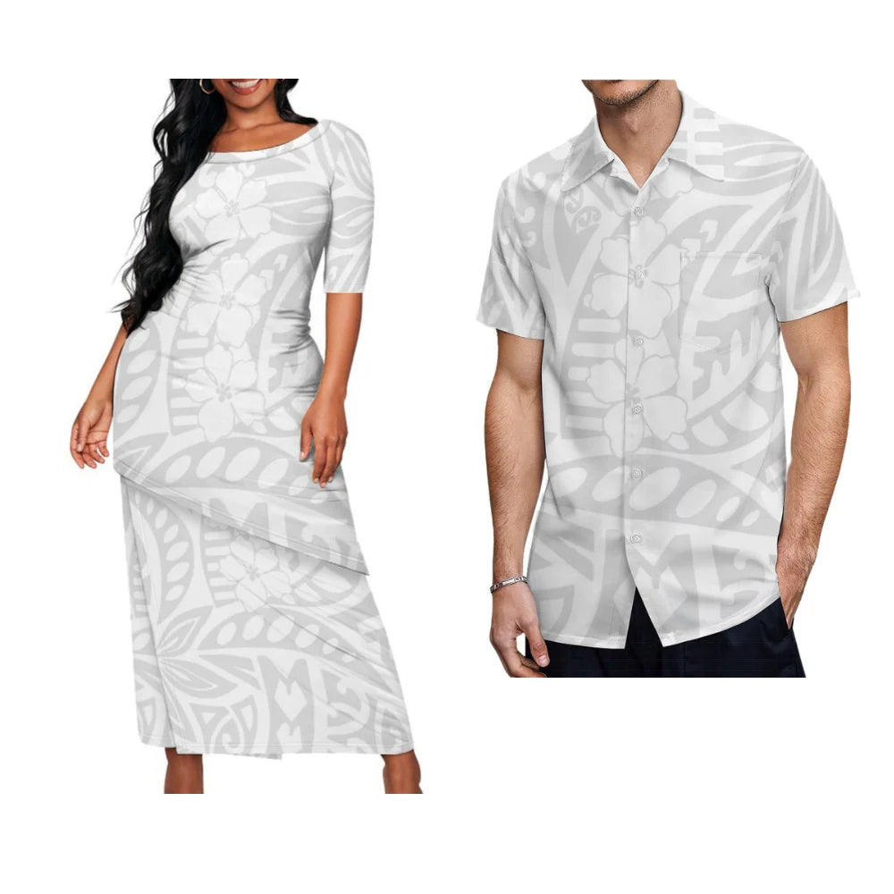 White Island Polynesian Matching Outfit For Couple Women Puletasi Men'S Shirt Samoan Print Island Summer Couple Set