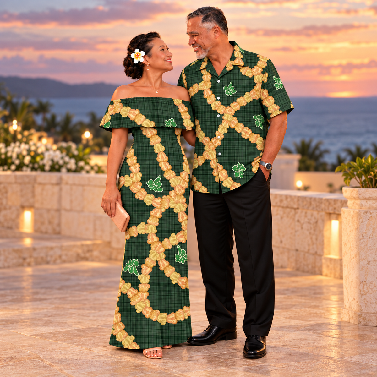 Polynesian Lei Flowers Pattern Combo Dress and Hawaiian Shirt Matching Couples Outfit For Him Her
