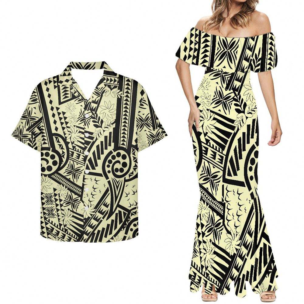 Polynesian Tribal Tropical Pattern Combo Mermaid Dress and Hawaiian Shirt Matching Couples Outfit