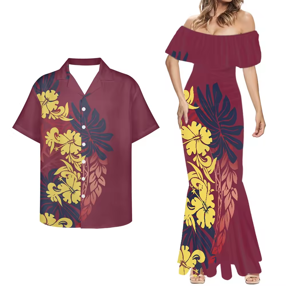 Polynesian Tribal Tropical Pattern Combo Red Mermaid Dress and Hawaiian Shirt Matching Couples Outfit