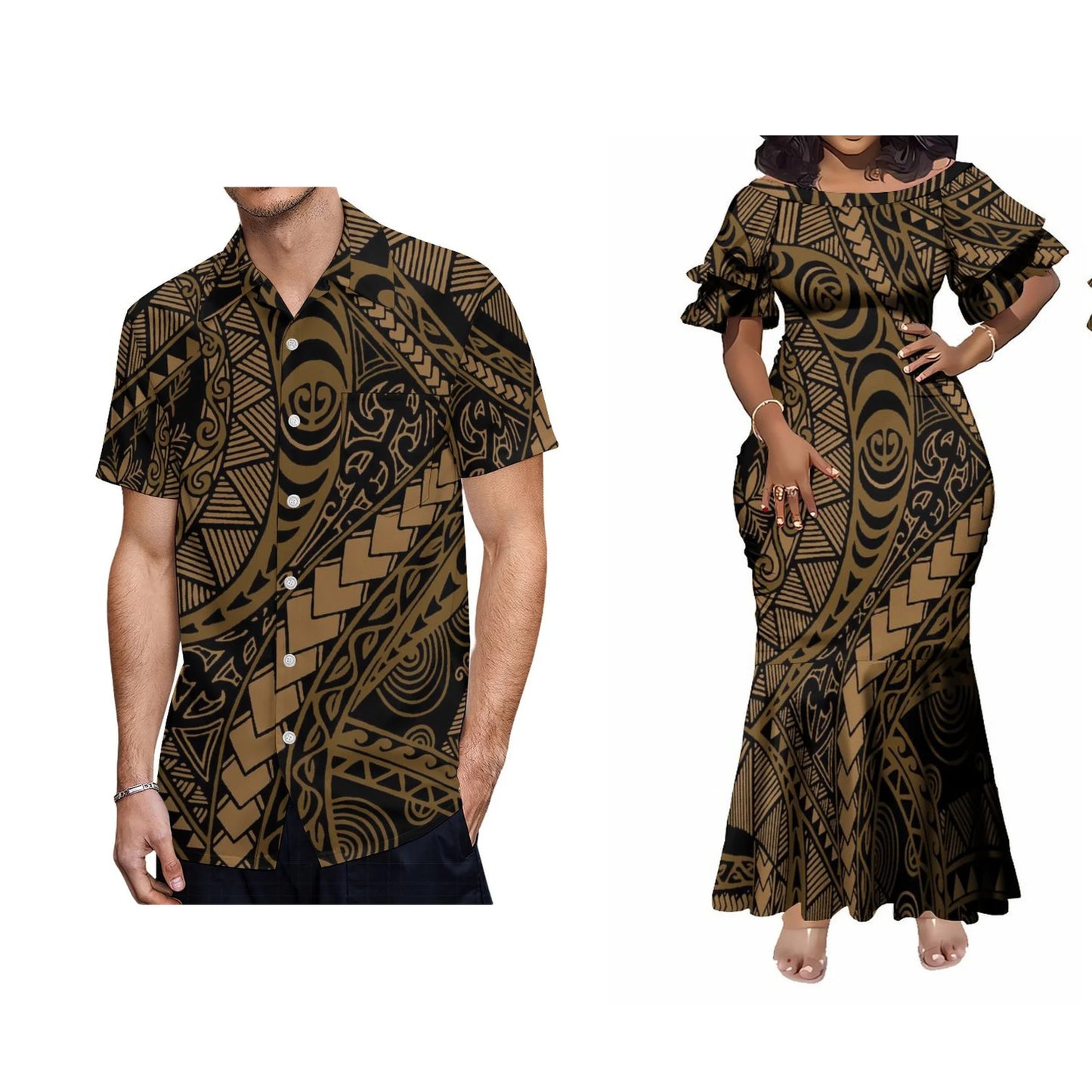 Vintage Polynesian Tribal Pattern Matching Outfit For Couple Tropical Island Short-Sleeved Fishtail Dress And Hawaiian Shirt