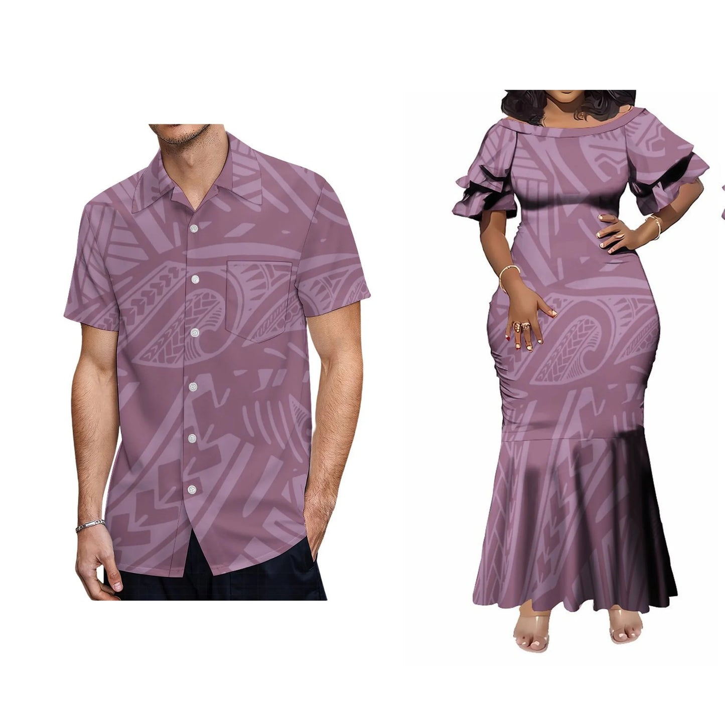 Polynesian Tribal Pattern Matching Outfit For Couple Tropical Island Purple Short-Sleeved Fishtail Dress And Hawaiian Shirt