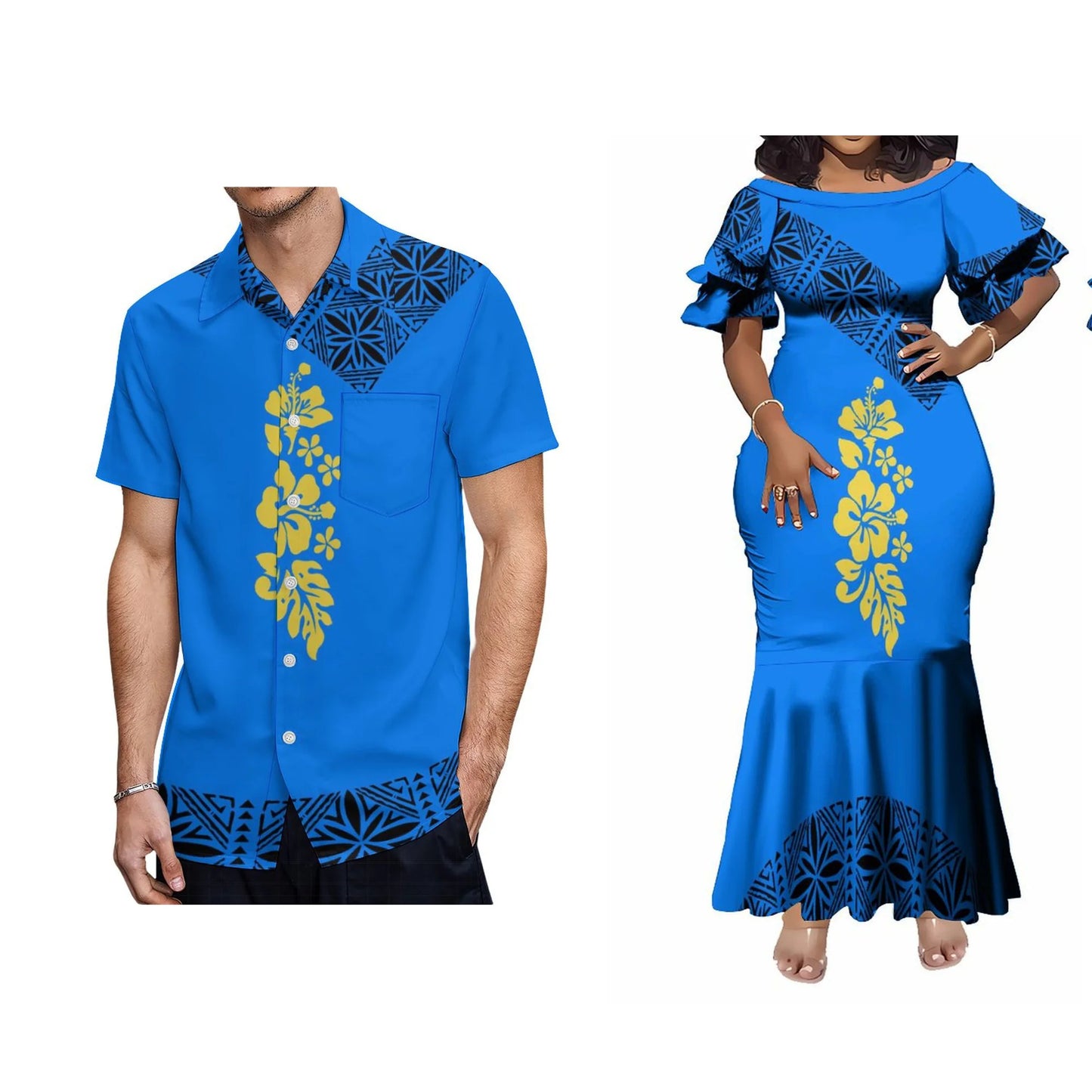 Polynesian Tribal Pattern Matching Outfit For Couple Island Flowers Blue Short-Sleeved Fishtail Dress And Hawaiian Shirt