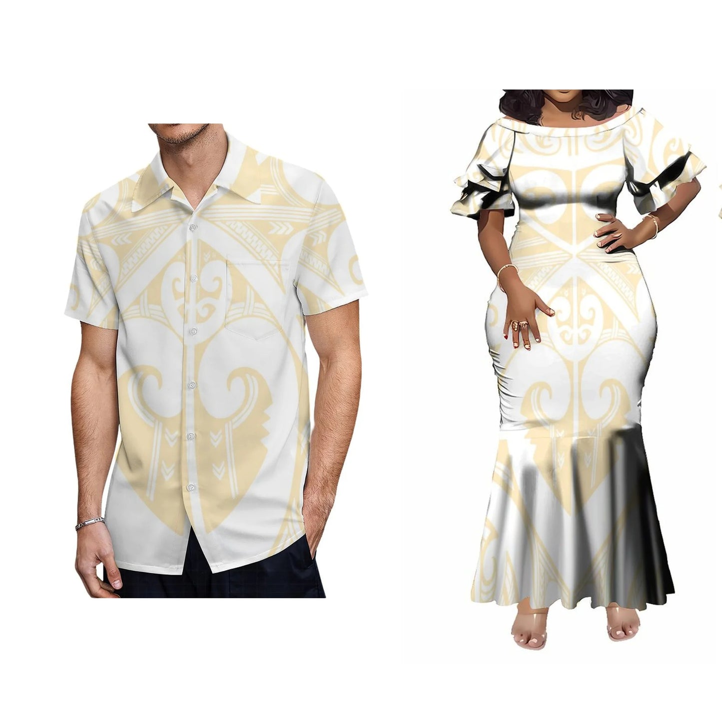 Polynesian Tribal Pattern White Matching Outfit For Couple Island Short-Sleeved Fishtail Dress And Hawaiian Shirt