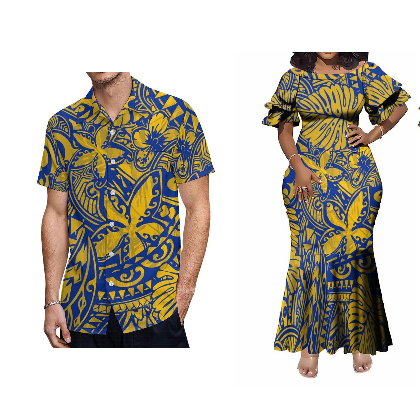 Polynesian Tribal Pattern Blue Matching Outfit For Couple Island Flowers Short-Sleeved Fishtail Dress And Hawaiian Shirt