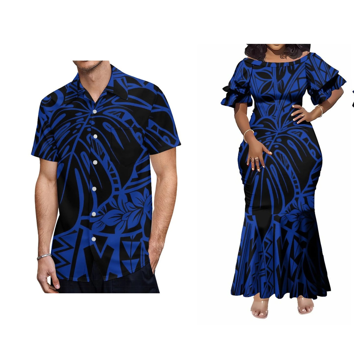 Samoan Polynesian Tribal Leaf Flower Pattern Matching Outfit For Couple Tropical Short-Sleeved Mermaid Dress Hawaiian Shirt