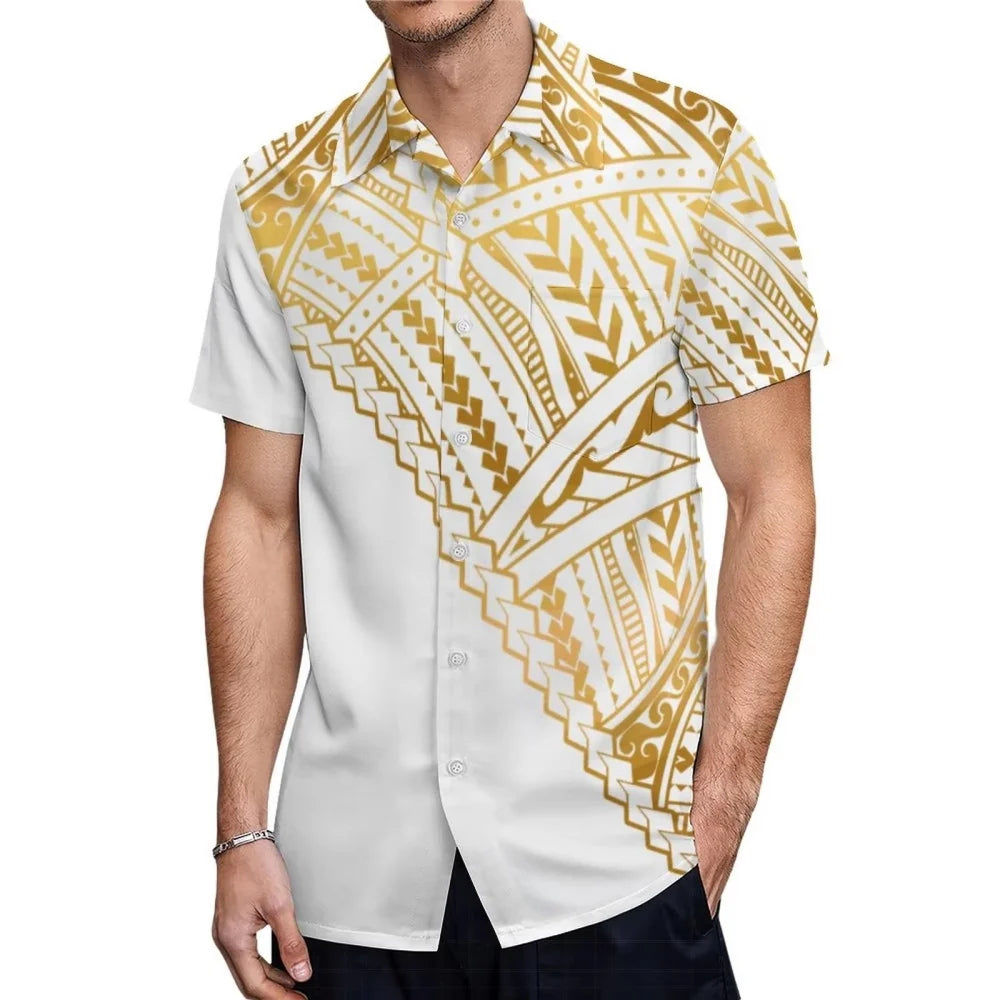 Polynesian Tribal Hawaiian Tropical Island Pattern Printed Half Style Short Sleeve Shirt