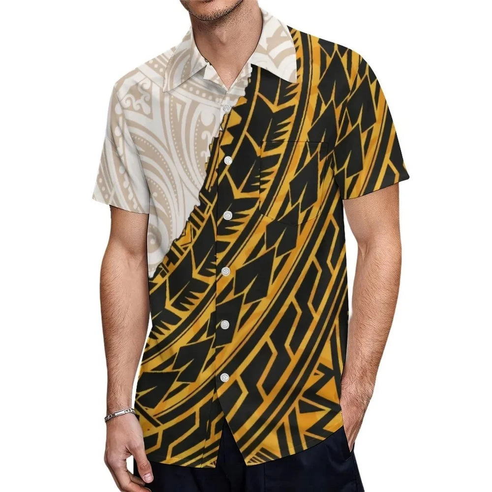 Polynesian Tribal Hawaiian Tropical Island Traditional Pattern Printed Half Style Short Sleeve Shirt