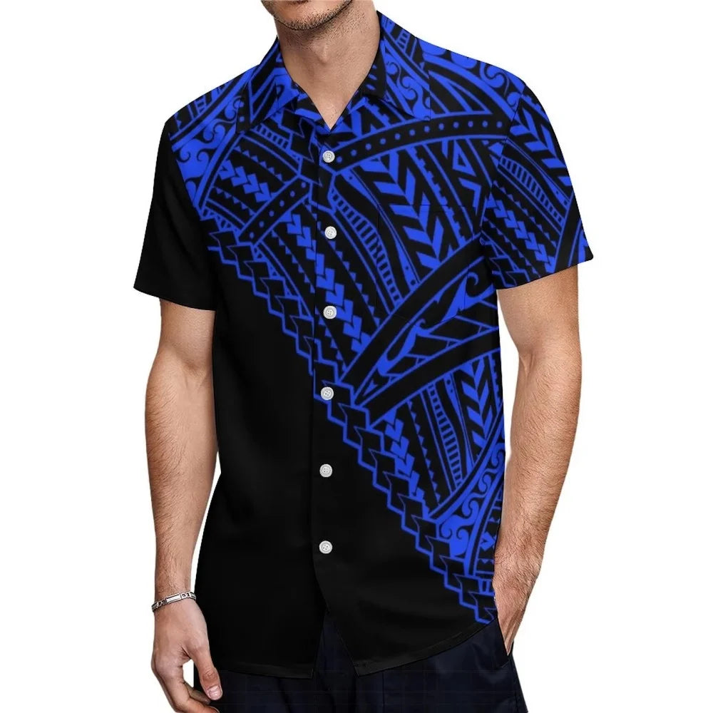 Polynesian Tribal Hawaiian Tropical Island Pattern Printed Half Style Short Sleeve Shirt