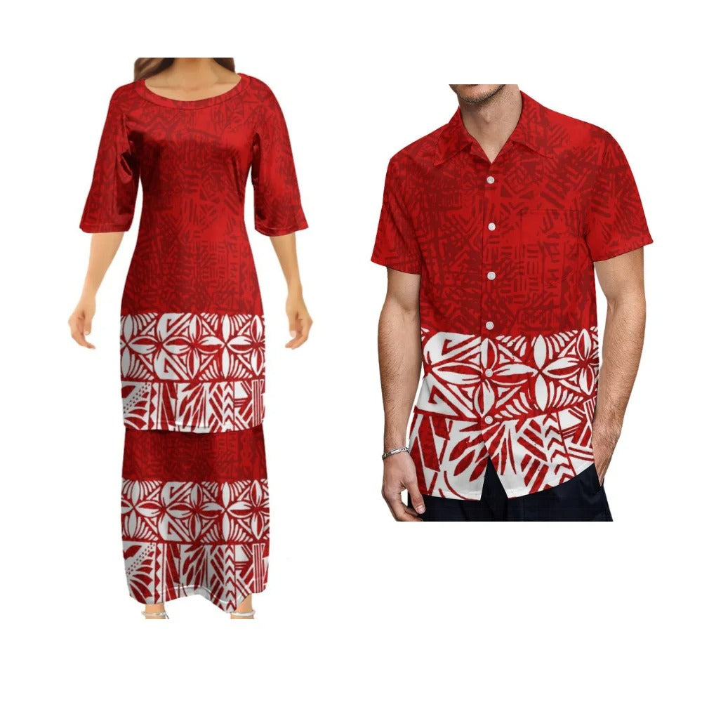 Red Polynesian Tribal Pattern Printed Matching Outfit Couple Set Women's Dress Men's Shirt
