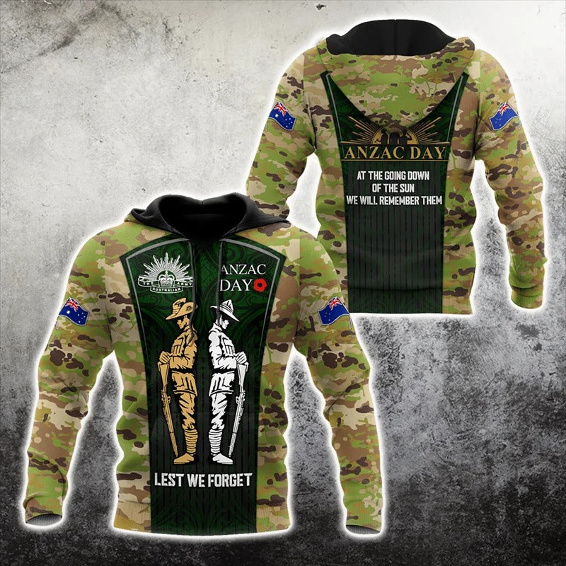 New Zealand Flag Hoodie NZ Flag Lest We Forget Unisex Soldier Silhouette Anzac Day Hoodie