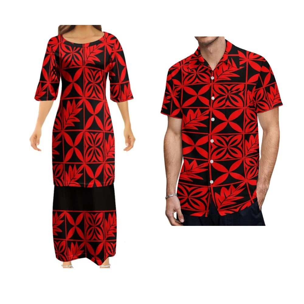 Polynesian Tribal Pattern Red Printed Matching Outfit Couple Set Women's Dress Men's Shirt