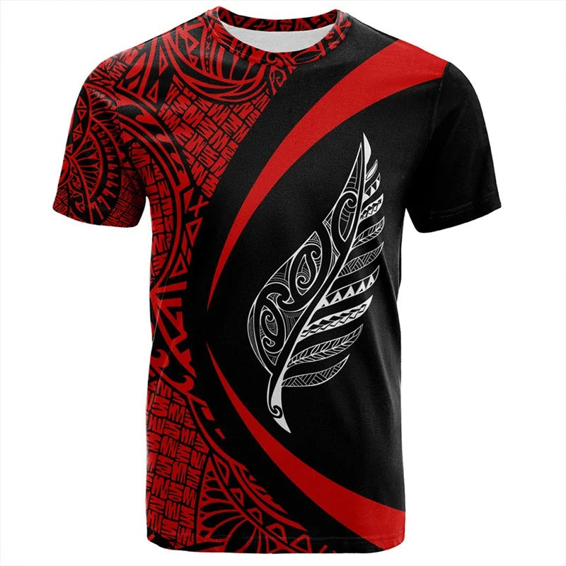 New Zealand Shirt Polynesian Silver Fern Leaf Unisex Red Shirt Curve Style Round Neck Short Sleeves Tops