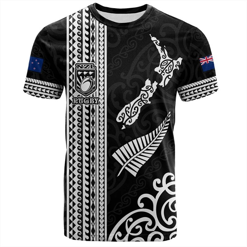 New Zealand Shirt Polynesian NZ Rugby Map Unisex Shirt Round Neck Short Sleeves Tops