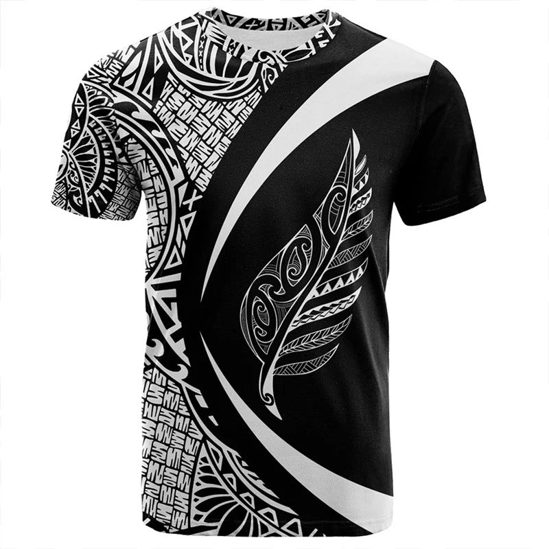 New Zealand Shirt Unisex Polynesian Silver Fern Leaf Shirt Curve Style Round Neck Short Sleeves Tops