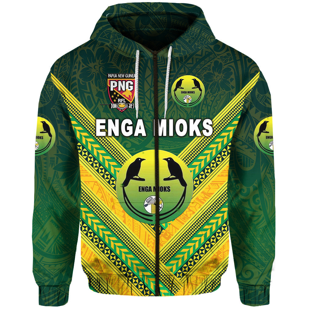 ( Personalised) Papua New Guinea Enga Mioks Zip Hoodie Rugby Original Style Green, Text And Number