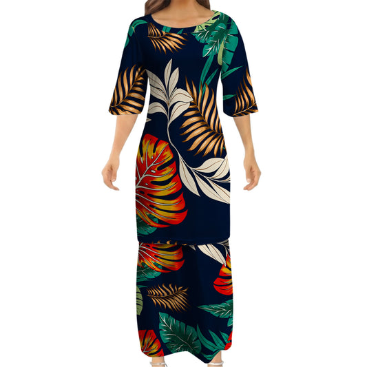 Polynesian Leaf Pattern Matching Outfit For Couple Island Puletasi Dress And Hawaiian Shirt For Her Him
