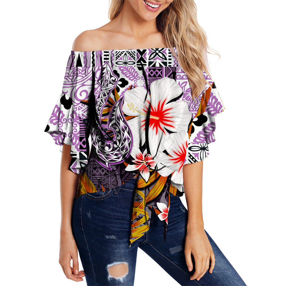 Hawaii Fish Hook Off Shoulder Waist Wrap Top Purple Style