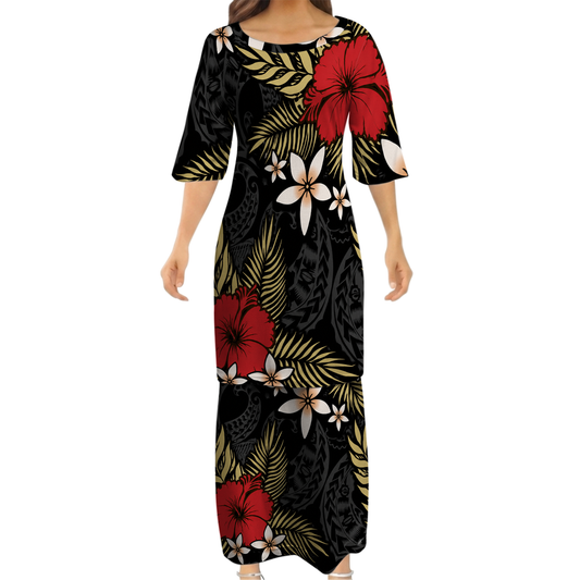 Polynesian Tribal Hibiscus Flowers Pattern Matching Outfit For Couple Island Puletasi Dress And Hawaiian Shirt For Her Him