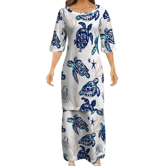 Polynesian Sea Turtle Tropical Island Puletasi Dress And Hawaiian Shirt For Her Him