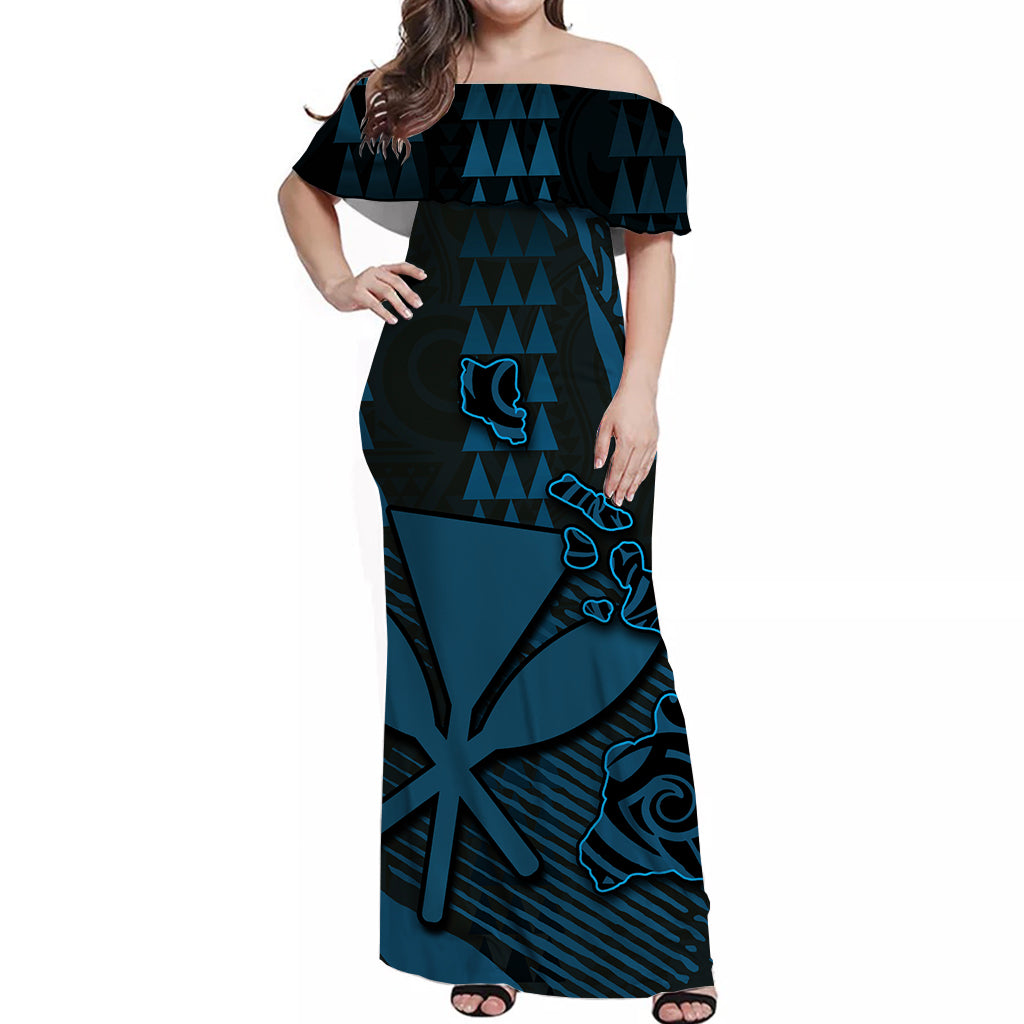 Hawaii Kanaka Map Off Shoulder Long Dress Blue Color Style