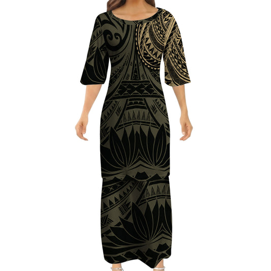 Vintage Polynesian Tribal Black Tropical Island Puletasi Dress And Hawaiian Shirt For Her Him