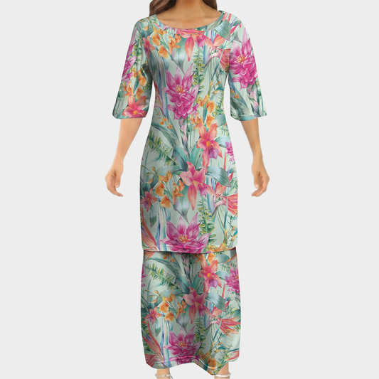 Hawaii Watercolor Vintage Floral Tropical Matching Outfit For Couple Tropical Island Puletasi Dress Man Shirt For Her Him