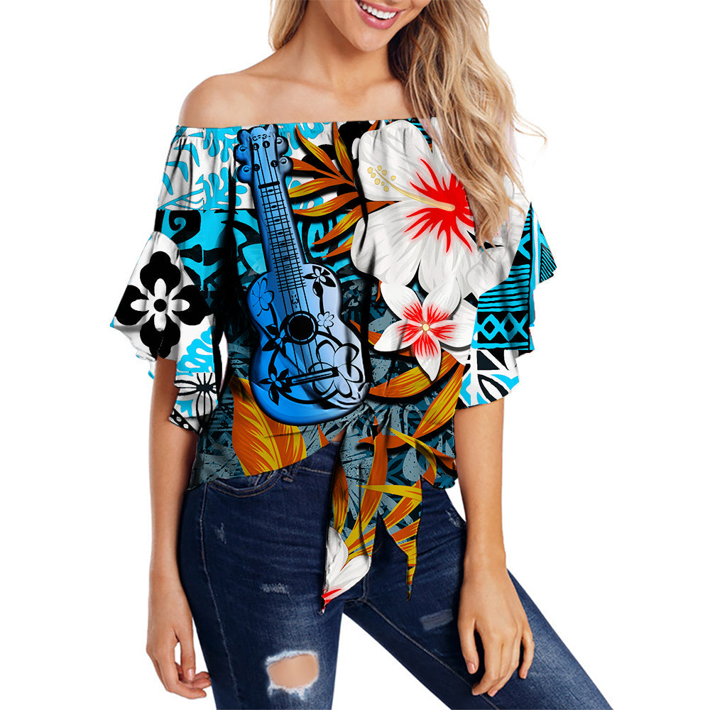 Hawaii Ukulele Off Shoulder Waist Wrap Top Blue Style