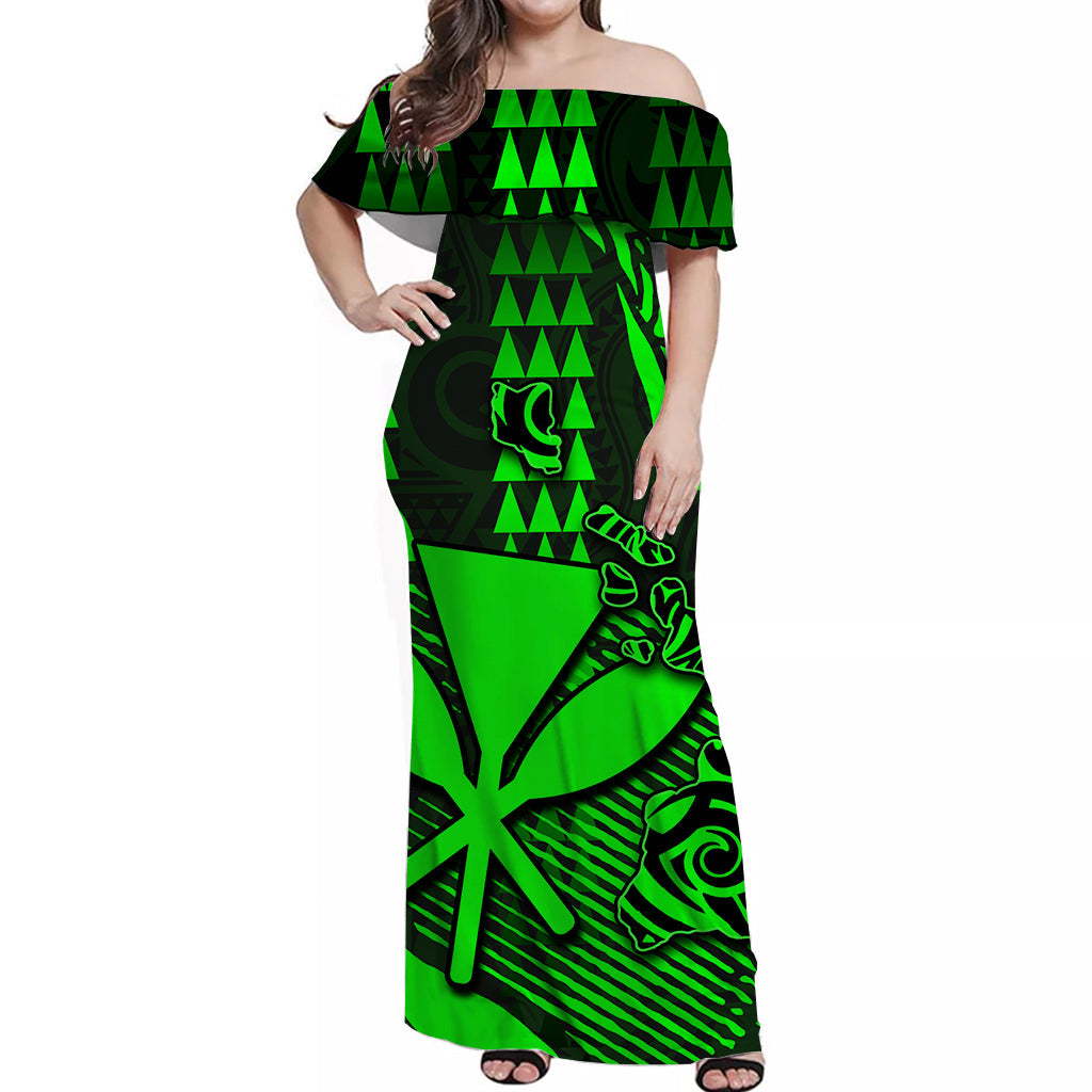 Hawaii Kanaka Map Off Shoulder Long Dress Green Color Style