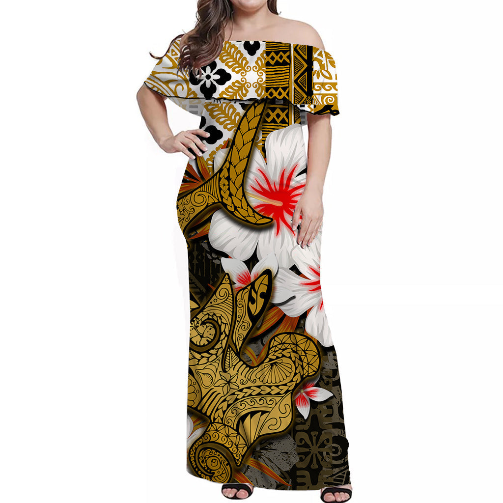 Hammerhead shark Off Shoulder Long Dress Hawaii Style Gold