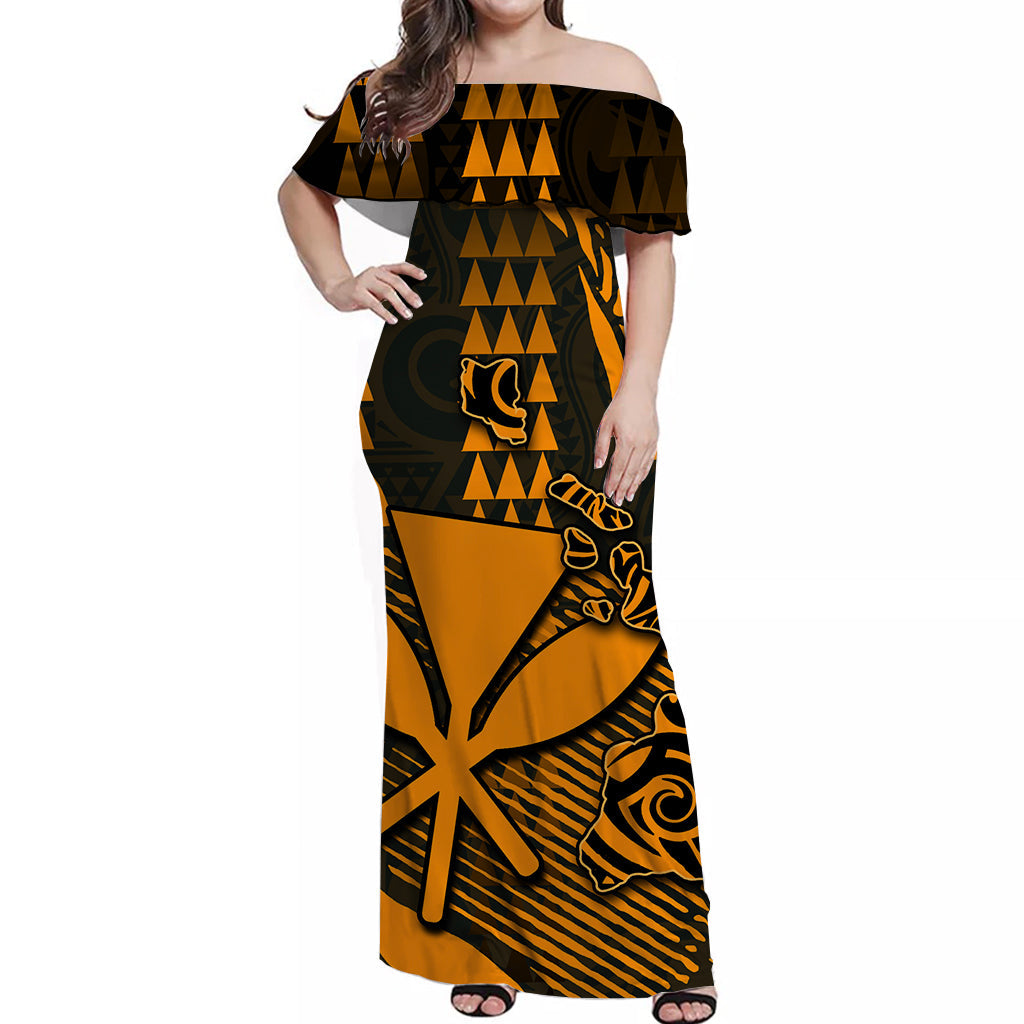 Hawaii Kanaka Map Off Shoulder Long Dress Orange Color Style