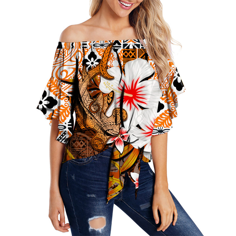 Hawaii Shark Off Shoulder Waist Wrap Top Orange Style