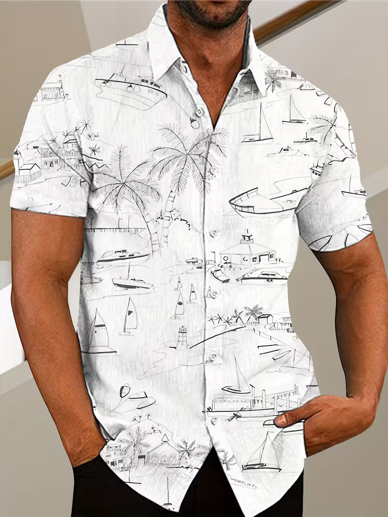 Beach Themed Pattern Print Men's Hawaiian Shirt Tropical Beach Short Sleeve Button Printed Shirt For Him
