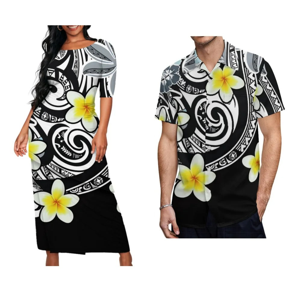 Plumeria Flowers Pattern Printed Matching Outfit For Couple Polynesian Puletasi Dress Two-Piece Suit With Men's Shirt