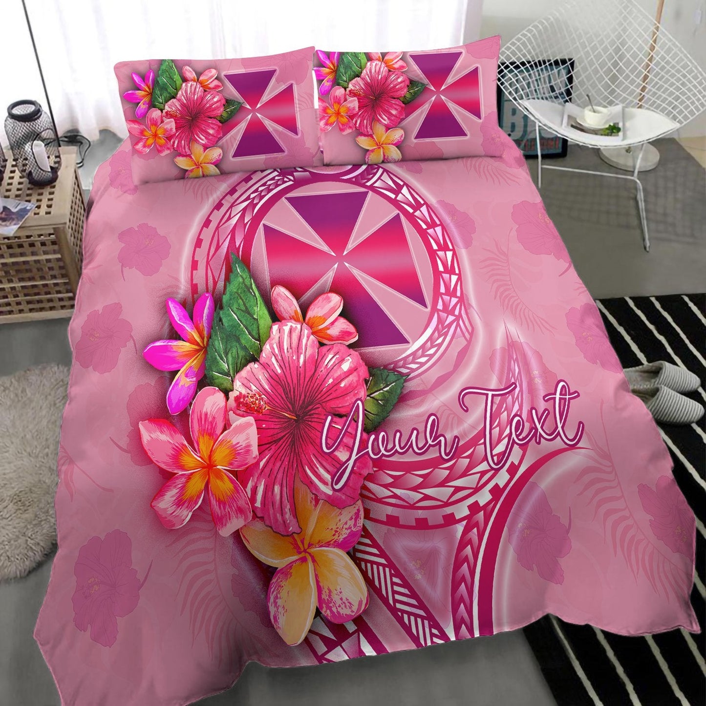 Wallis And Futuna Polynesian Custom Personalised Bedding Set Floral With Seal Pink