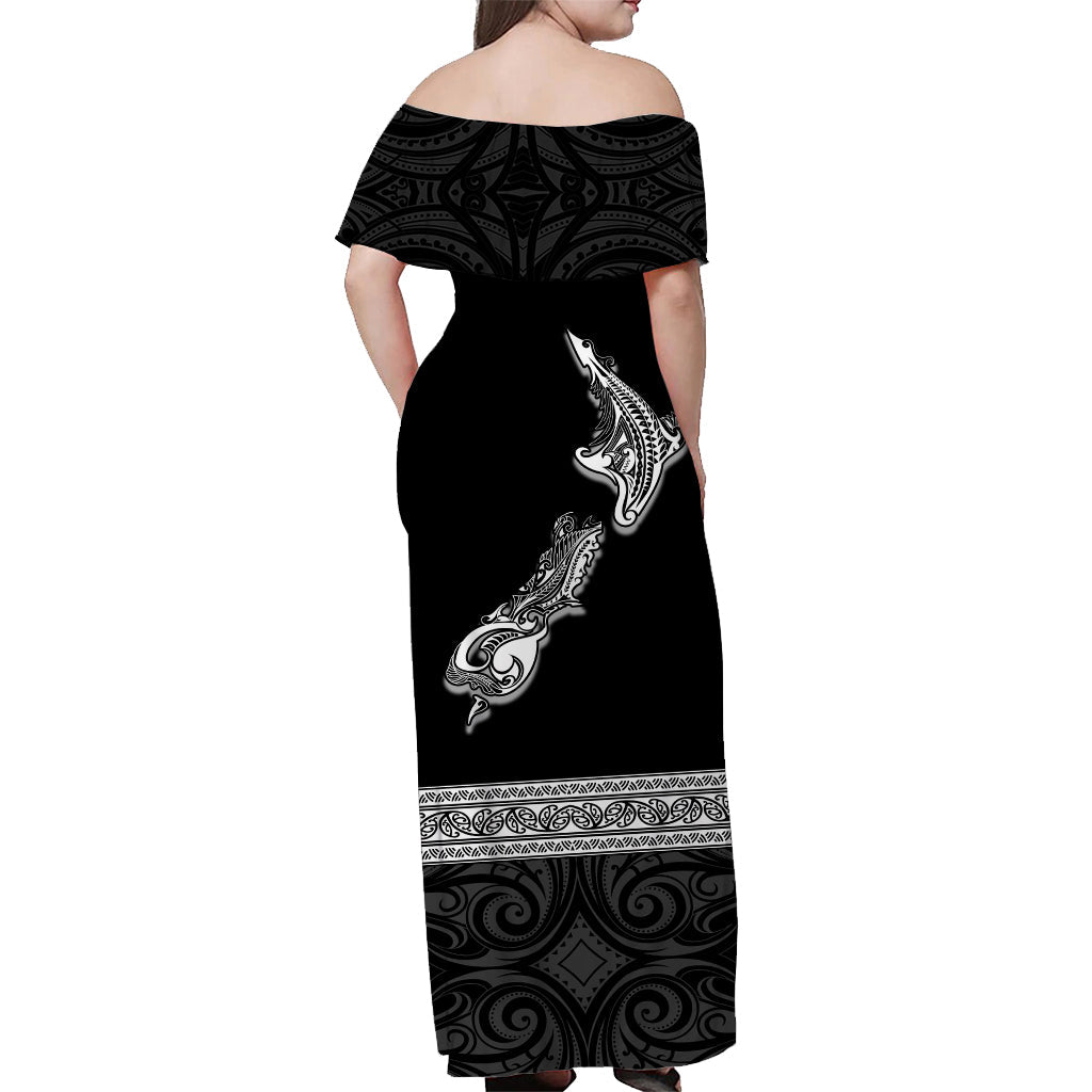 Custom Personalised New Zealand Off Shoulder Long Dress Maori Fern and Map Black