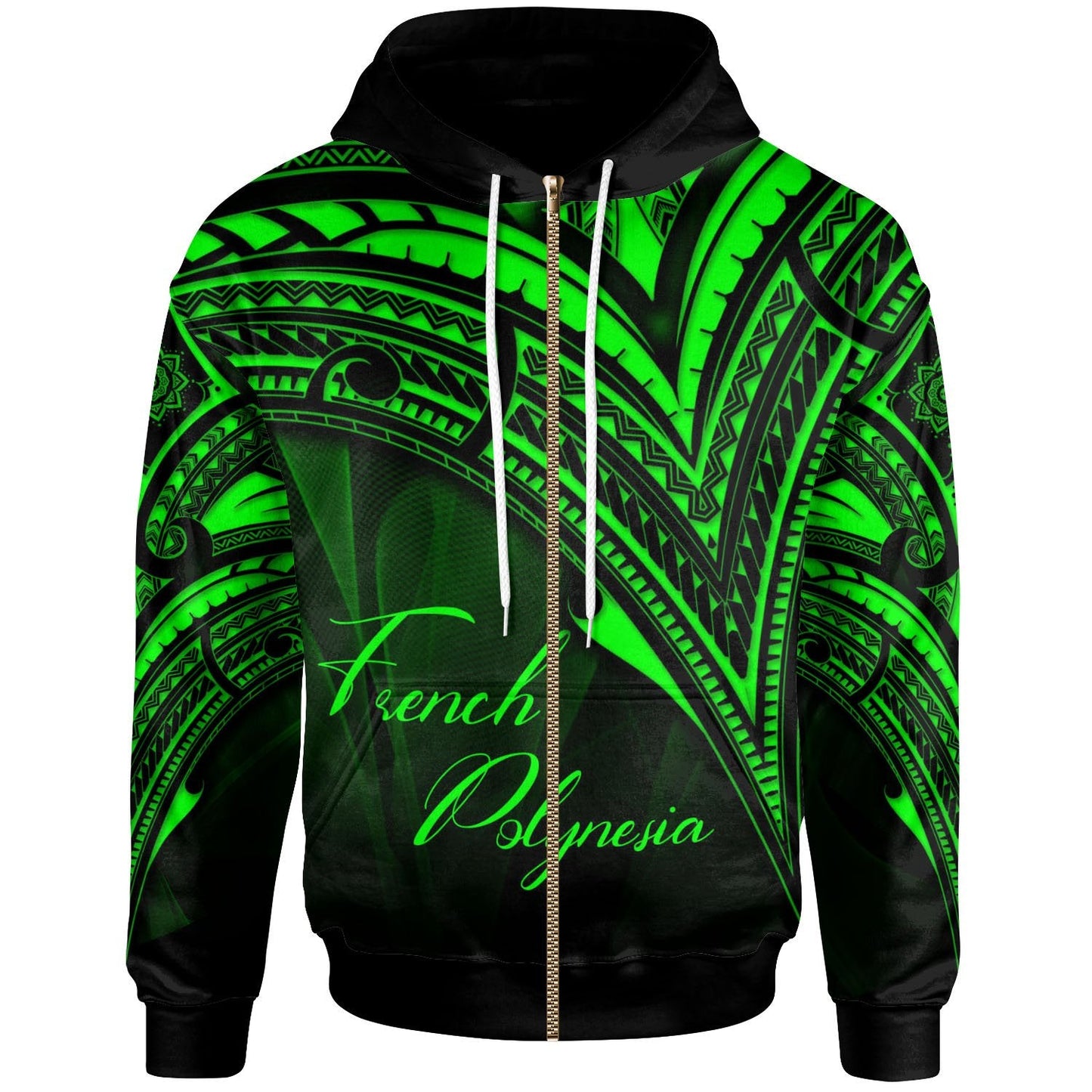 French Polynesia Zip Hoodie Green Color Cross Style