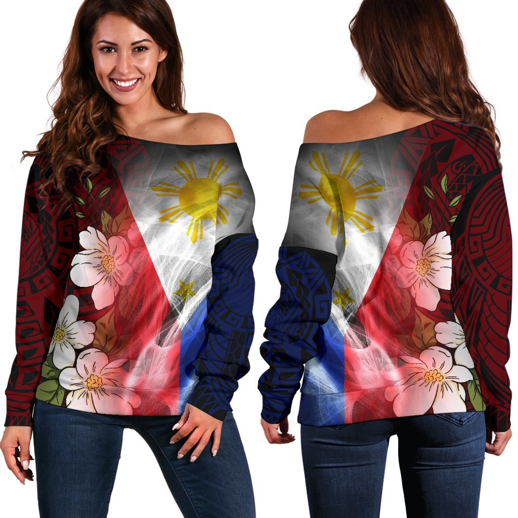 The Philippines Off Shoulder Sweater Filipino Flag with Islander Patterns