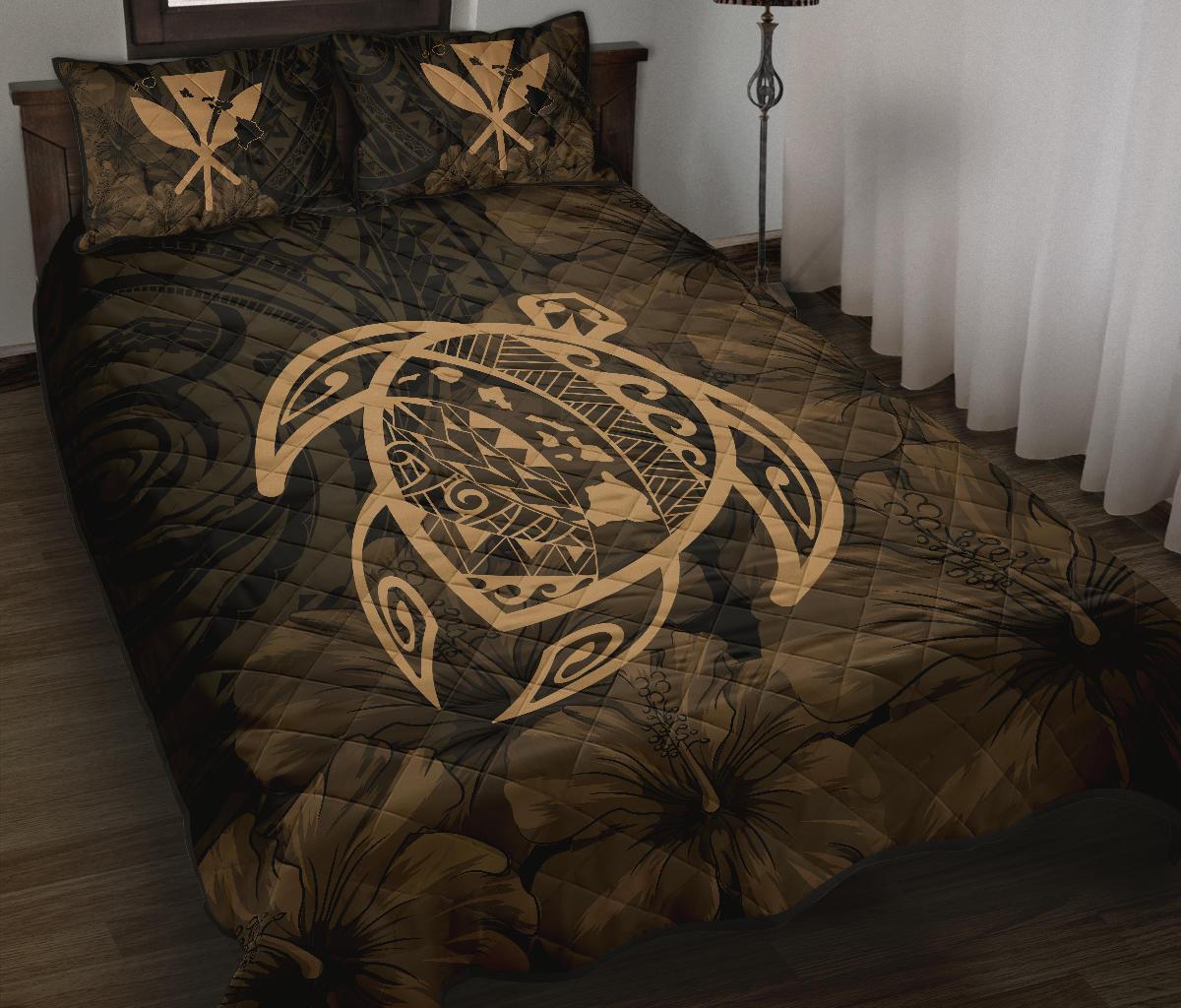 Hawaii Turtle Kanaka Map Hibiscus Poly Quilt Bed Set Gold