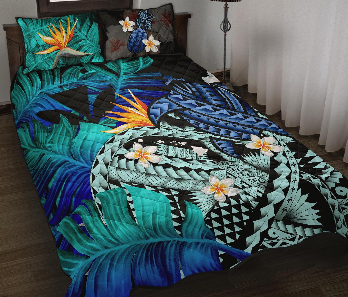Kanaka Maoli (Hawaiian) Quilt Bed Set, Polynesian Pineapple Banana Leaves Turtle Tattoo Blue