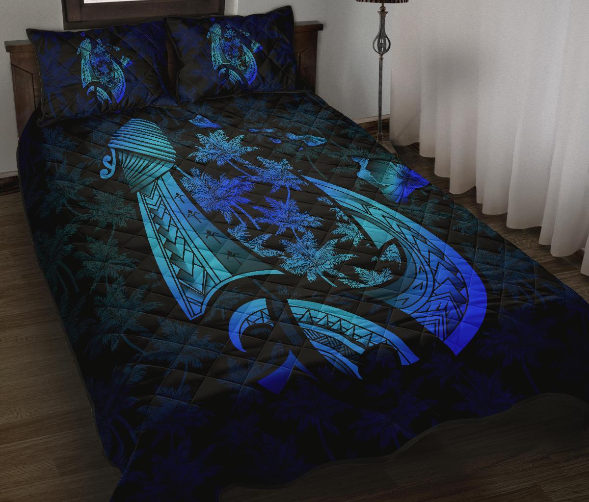Hawaiian Map Palm Trees Fish Hook Polynesian Quilt Bedding Set Colorful Blue