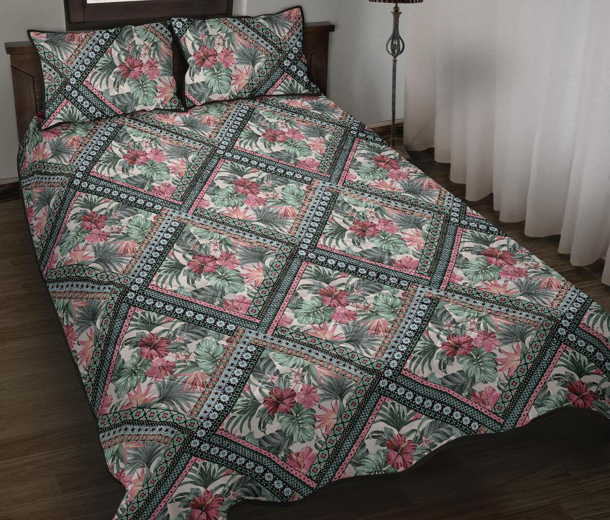 Hawaii Quilt Bed Set Exotic Tropical Flowers In Pastel Colors AH