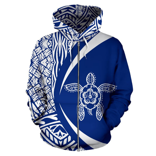 Hawaii Turtle Polynesian Zip Up Hoodie Circle Style White And Blue Color