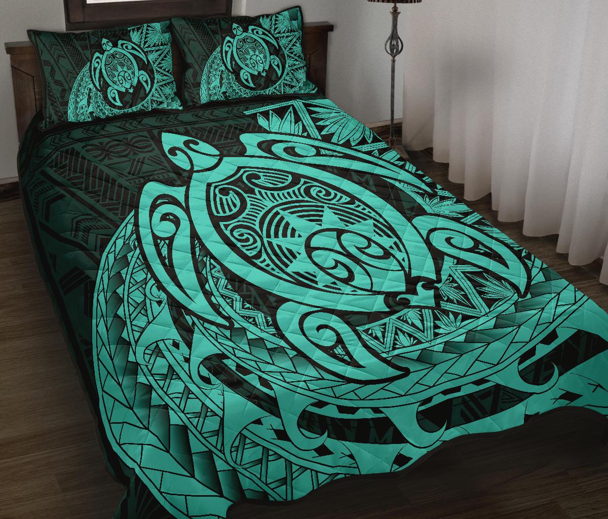 Hawaii Polynesian Turtle Quilt Bed Set Turquoise